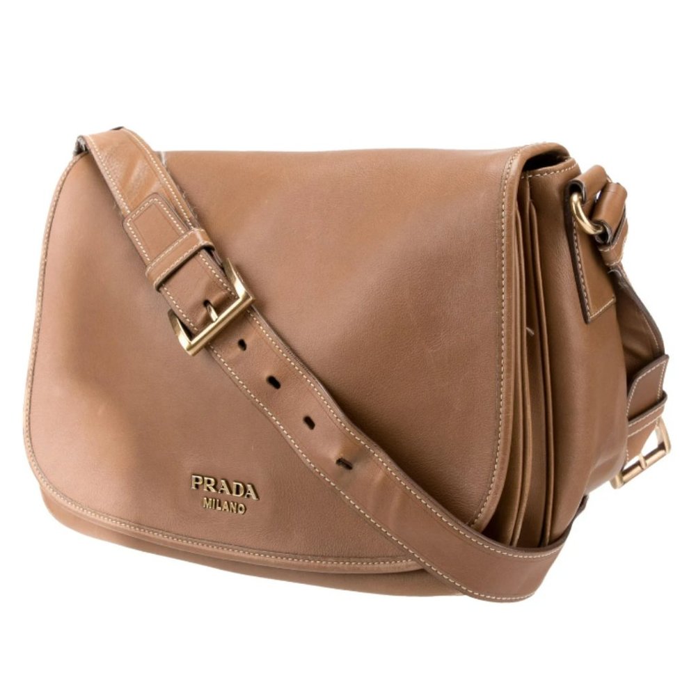 PRADA Vitello Daino Crossbody Bag Brown Tan Leather Handbag Authentic